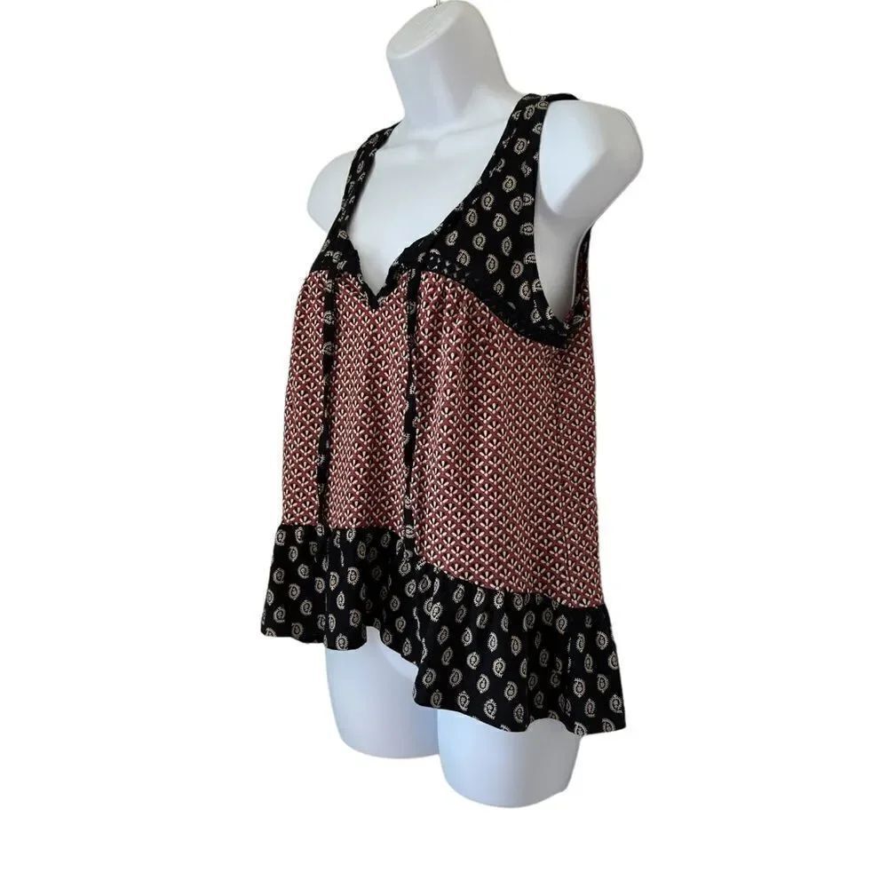 Patrons of Peace floral paisleys Hi Low Black Red Bohemian Tank Top sz S